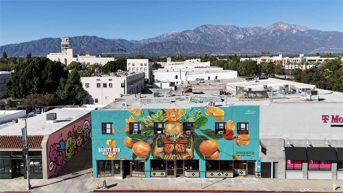 Aerial view of a Downtown Ontario mural and surrounding city